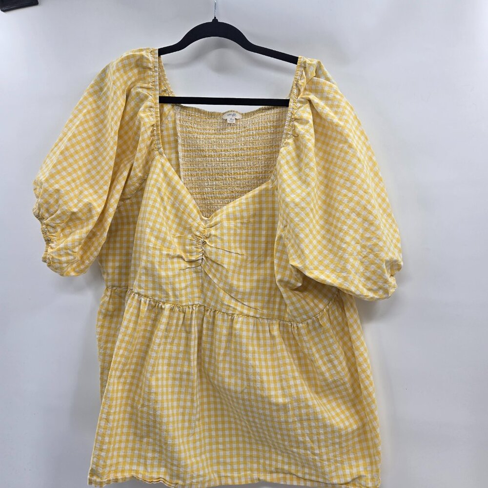 Terra and Sky Yellow Gingham Plaid 100% Cotton Balloon Sleeves Top 3x